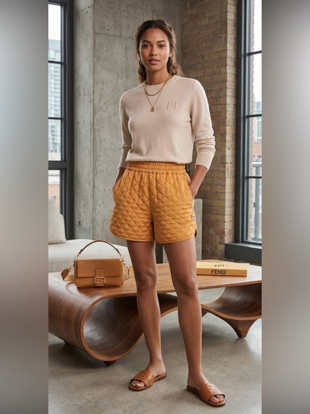 FENDI
Maple Washed Silk Quilted Shorts
Size 42 mustard color